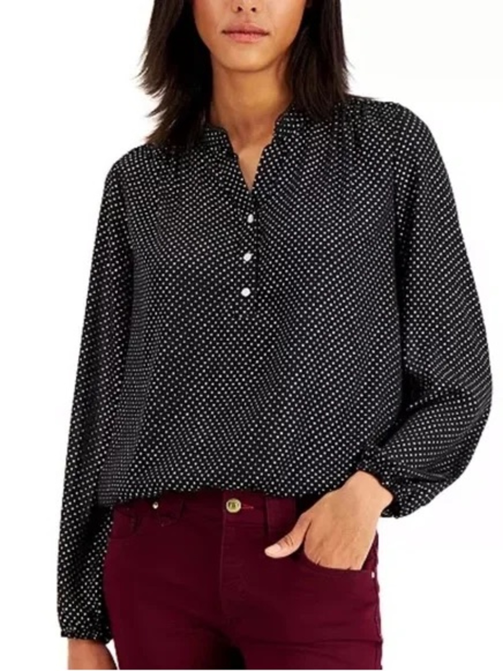 Tommy Hilfiger Polka Dot Quarter Button Down Top Black Silver Size XL